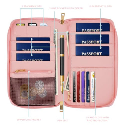 Family Passport Holder Wallet RFID Blocking Document Organizer - color: Red Marble