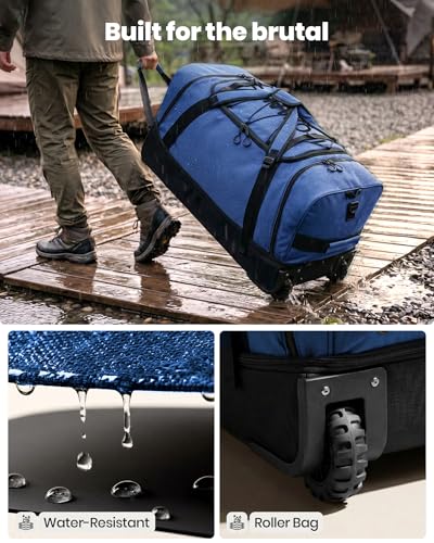 Fanwoli 120L Rolling Duffle Bag with Wheels, Foldable Travel Duffel | Vented Shoe Compartment，900D Water-Repellent，Folds Small for Long Trips and Moving - color: Blue-3