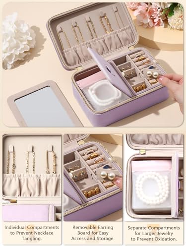 Velvet Travel Jewelry Organizer Case with Large Mirror for Women - color: Lavender