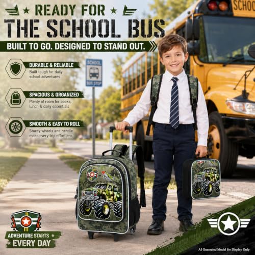 KLFVB Rolling Backpack for Girls Boys, Kids Roller Wheels School Bookbag with Lunch Bag, Wheeled School Bag for Children - color: UV Priting Camouflage Truck Rolling Backpack Set