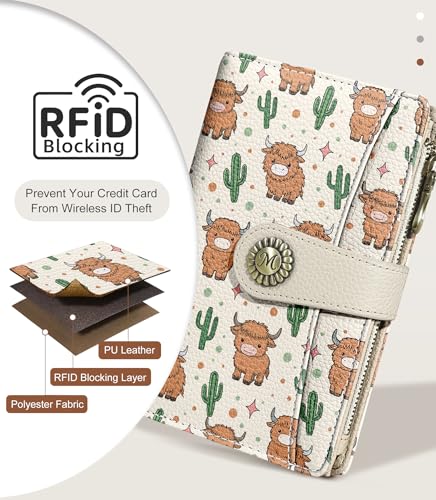 Highland Cow Wallet Women RFID, Passport Holder Credit Card Holder - color: Highland Cow
