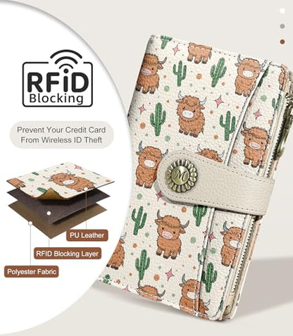Highland Cow Wallet Women RFID, Passport Holder Credit Card Holder - color: Highland Cow
