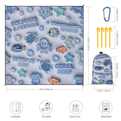 WIWIGO Beach Blanket Mat Waterproof Sandproof for 2-8 Adults Quick Drying - color: 3d - Ocean Light Blue, size: 79" X 83"（1-4person）
