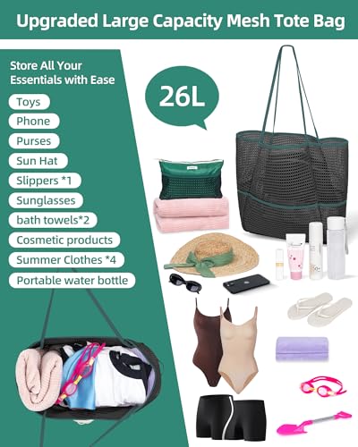 Mesh Beach Tote Bag for Women, 2-in-1 Large Lightweight Foldable Design - color: Black