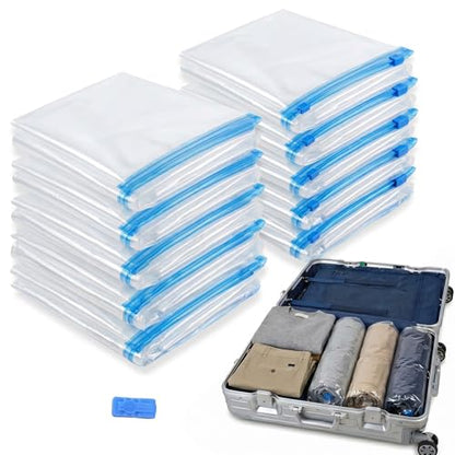 Compression Clear Bags 10 Pack for Travel Essentials, Roll Up No Vacuum Pump or Air Extractor Needed Space Saver Transparent Organizer, Reusable Storage Caddy for Clothes, Luggage, Closet, 20" x 16" - size: Small