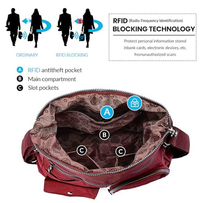 Hobo Purse for Women, Nylon Crossbody Shoulder Handbag Convertible Backpack - color: Red
