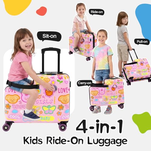 20" Kids Ride On Suitcase, Lightweight Hardshell Travel Luggage with Wheels - color: Candy Garden Pink