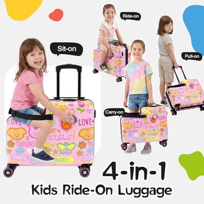 20" Kids Ride On Suitcase, Lightweight Hardshell Travel Luggage with Wheels - color: Candy Garden Pink
