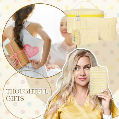 Huhumy 3Pieces Cute Seersucker Makeup Bag Set for Women, Yellow, Stripe - color: Yellow, style: Stripe