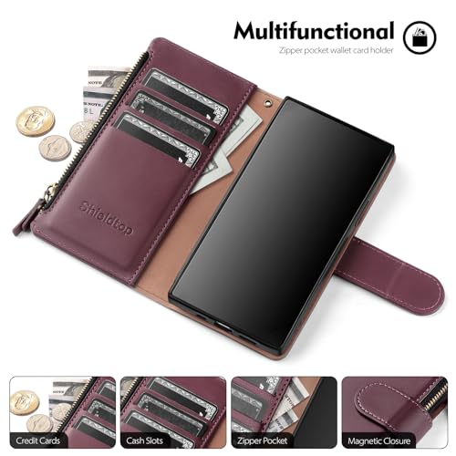 Shieldtop Compatible with Samsung Galaxy S25 Plus Wallet Case with Card Holder,Women Men RFID Blocking PU Leather Flip Cover Wrist Strap Zipper Credit Card Slots,Phone Case for S25 Plus,Wine Red - color: Wine Red, size: Samsung Galaxy S25 Plus - 6.7"