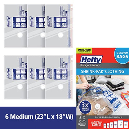 Hefty Shrink-Pak Vacuum Storage Bags - Space Saver for Under Bed Storage, Clothing and Comforters, 3X More Storage Space, 6 Medium Zipper Bags - size: Solo, style: 6 Medium / Clothing