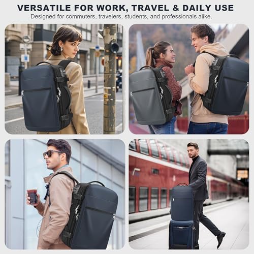 POSO Vacuum Backpack Travel, 60L Expandable Vacuum Seal Backpack with Pump & Laptop Compartment (Fits 17") - color: Navy Blue, size: Vacuum Enabled