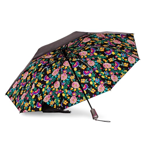 Totes Reverse Close Folding Inbrella with Auto Open Close and Compact - color: BLACK ELECTRIC FLORAL, size: 43" Canopy