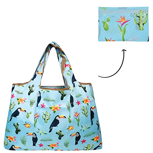 allydrew Large Foldable Tote Nylon Reusable Grocery Bags, Toucan & Cacti - color: Toucan & Cacti