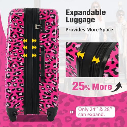 Merax Luggage Sets 3 Piece,Hardside Expandable Suitcase Set 20+24+28 IN - color: Leopard Hot Pink, style: 3-piece Set(20/24/28)