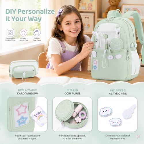 DIGOBAY Backpack for Girls, 5PCS School Bookbag with Lunch Box Pencil Case - color: Green