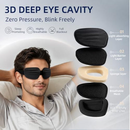 CLOZIA Sleep Mask for Men, 3D Deep Eye Cups Blackout Eye Mask - color: Black