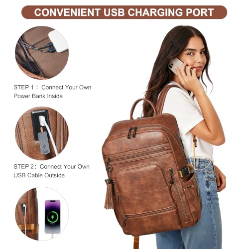 Shrrie 17 Inch Laptop Backpack for Women with Large Water Bottle Holders - color: Caramel Brown