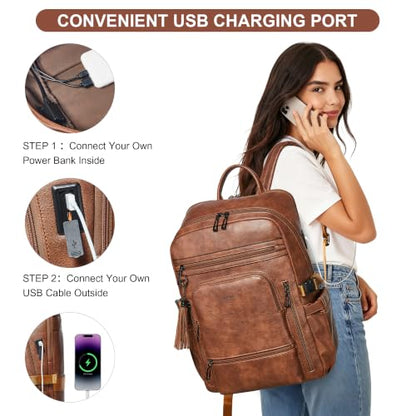 Shrrie 17 Inch Laptop Backpack for Women with Large Water Bottle Holders - color: Caramel Brown
