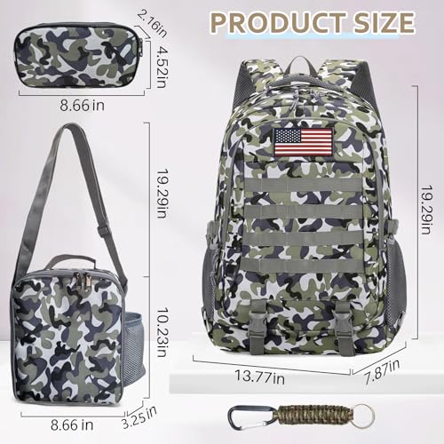 Camo Backpack for Boys, 19'' Boy Bookbag Set with Lunch Box & Pencil Case - color: Camo Backpack Set 2