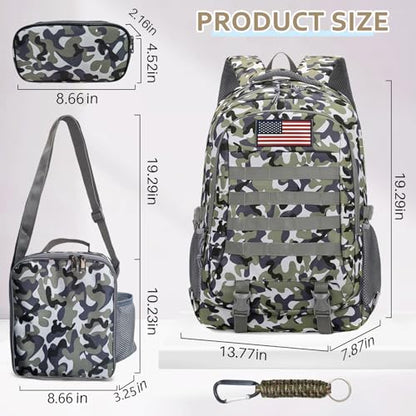 Camo Backpack for Boys, 19'' Boy Bookbag Set with Lunch Box & Pencil Case - color: Camo Backpack Set 2