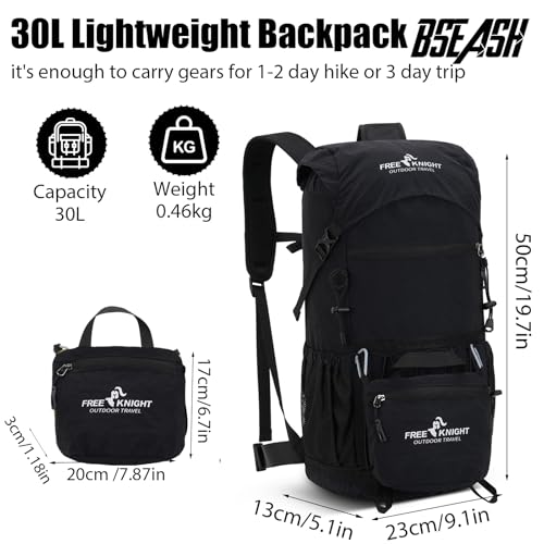 Bseash 30L Lightweight Hiking Backpack, Black - color: Black