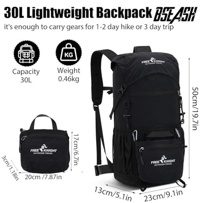 Bseash 30L Lightweight Hiking Backpack, Black - color: Black