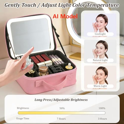 Travel Makeup Bag with Mirror & 6 Adjustable EVA Dividers, Hot Pink - color: Hot Pink-6 Dividers