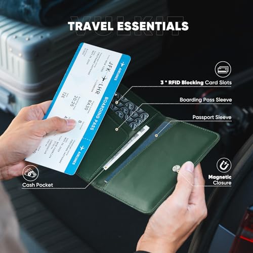 VULKIT Passport Holder For Travel With Magnetic Closure RFID Blocking Travel Wallet Passport Book Cover Boarding Pass Holder Travel Essentials - color: Nappa Olive