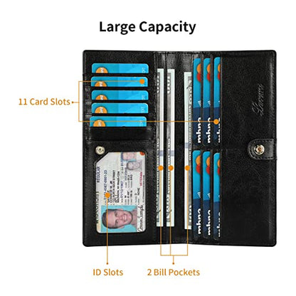 Lavemi Ultra Slim Thin Leather Women Wallet RFID Blocking Credit Card Holder Bifold Long Ladies Billfold - color: 1-waxed Black