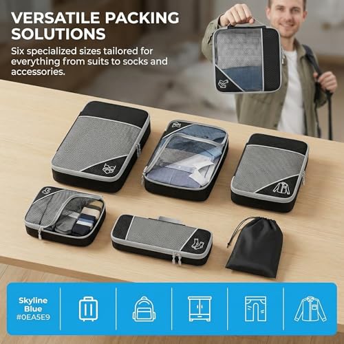 6Pcs Compression Packing Cubes Set, Waterproof Travel Luggage Organizer with Drawstring Bag, Lightweight Nylon Suitcase Storage Bags for Travel Camping Business Trip(Red) - color: Red
