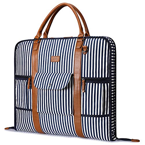 S-ZONE Carry on Garment Bag for Business Travel Canvas Leather Men Suit Cover - color: Blue Stripe, size: Large
