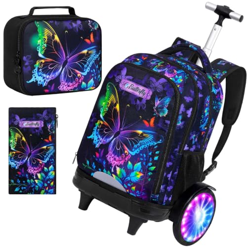 3Pcs Rolling Backpack for Girls with Light Up Wheels, Detachable Large Wheels, Kids Butterfly Wheeled Backpack Set for Elementary School Travel (Black) - color: Butterfly Black