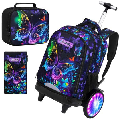 3Pcs Rolling Backpack for Girls with Light Up Wheels, Detachable Large Wheels, Kids Butterfly Wheeled Backpack Set for Elementary School Travel (Black) - color: Butterfly Black