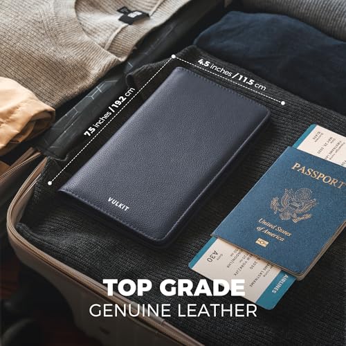 VULKIT Passport Wallet for Travel RFID Blocking Premium Leather - color: Top Grain Navy