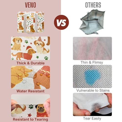 VENO 2 Pack Utility Tote Reusable Grocery Bags with Zipper & Hard Bottom - color: Holiday Pups, size: 2 Pack