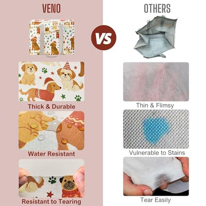 VENO 2 Pack Utility Tote Reusable Grocery Bags with Zipper & Hard Bottom - color: Holiday Pups, size: 2 Pack