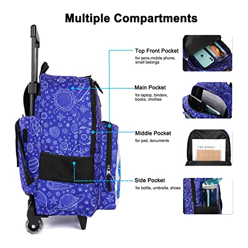 Tilami Rolling Backpack 18 inch Double Handle Wheeled Boys Girls Travel School Children Luggage Toddler Trip - color: Spaceship Blue