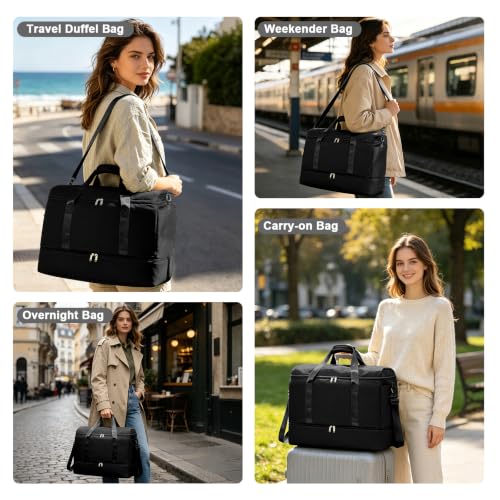 Travel Duffle Bag with Shoe Compartment, Overnight Weekender Bags for Women - color: Black