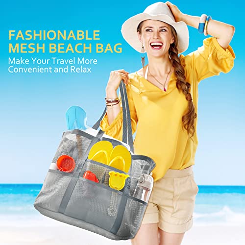 SRISE Mesh Beach Bag - Large Beach Tote Bag for Family Beach Bag for Toys & Vacation Essentials - color: Grey
