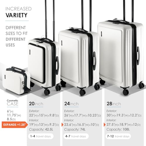 TRAVELARIM White Hardshell Luggage Sets 4 Piece, Durable Suitcase Set, Travel Luggage Set with Integrated TSA Lock, 360° Spinner Wheels, Expandable Medium and Large Checked Suitcase, 20/24/28 Inch - color: White