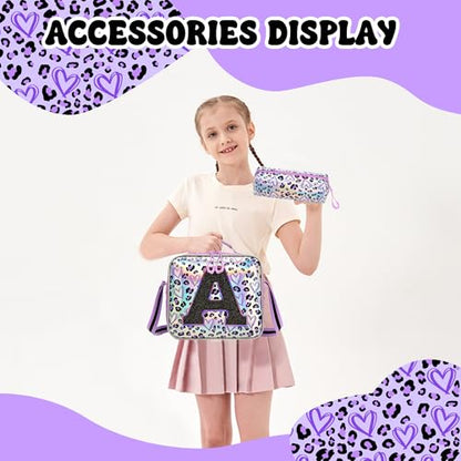 Meetbelify 3 in 1 Backpack with Wheels for Girls Rolling Letter Backpack Cute Carry on Backpack Kids Luggage with Lunch Box Pencil Case for Elementary Student - color: Purple Leapoard