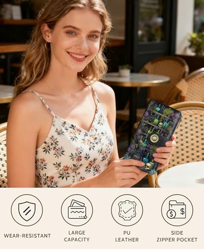 GIANCOMICS Goth Book Shelf Womens Wallet RFID, Credit Card Holder Bifold - color: Bookshelf Skulls