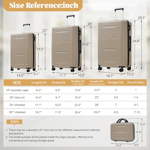 Merax 6 Piece Luggage Set,Hardshell Travel Suitcase Set,khaki - color: khaki, size: 6 Piece(20/24/28/DB/TB)