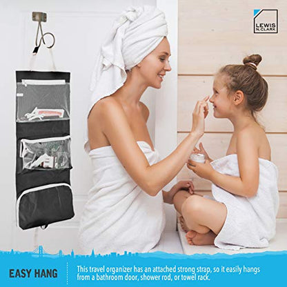 Lewis N. Clark Hanging Toiletry Bag for Travel Accessories, Shampoo, Cosmetics + Personal Items with Waterproof Compartment and Folding Design, Black