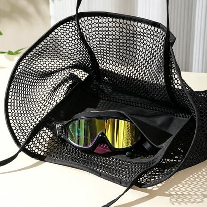 Large Beach Bags for Women, Mesh Beach Tote with Zipper, Foldable Pool Tote Bag Travel Beachbag Waterproof Sandproof - color: Black - More Pockets