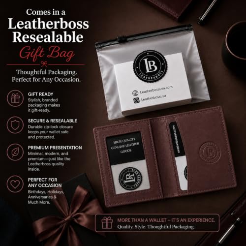 Leatherboss Slim Thin Leather Credit Card Id Mini Wallet Holder Bifold Driver's License Safe (Wine) - color: Wine
