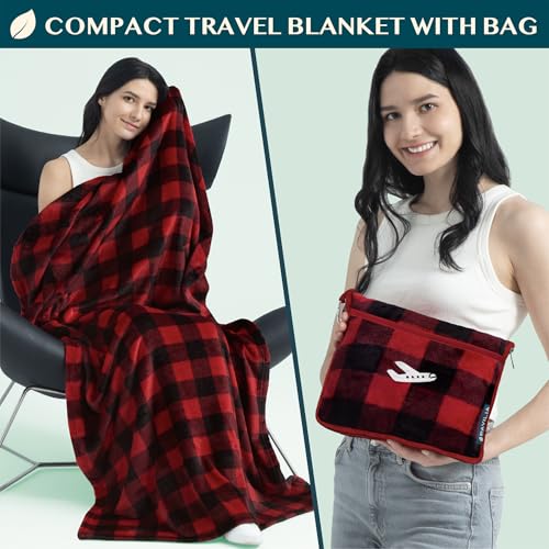 PAVILIA Travel Blanket and Pillow, Soft Ribbed Fleece Airplane, Plaid Red - color: Checkered Red