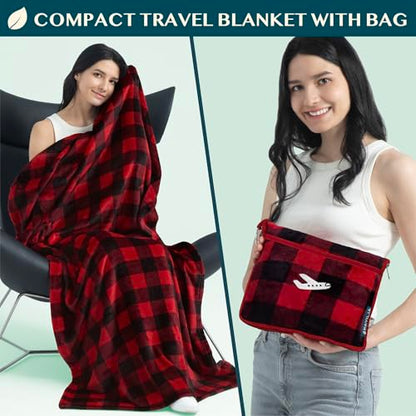 PAVILIA Travel Blanket and Pillow, Soft Ribbed Fleece Airplane, Plaid Red - color: Checkered Red