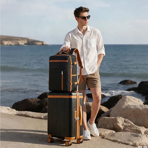 3 Piece Carry On Luggage Set with Backpack, Black-Brown | PC+ABS Travel Suitcase Sets Hardshell Rolling Luggage Lightweight Durable - color: Black-Brown, size: 20''/BP/TB